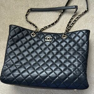 Authentic Chanel Black Quilted Tote with Signature Gold Chain